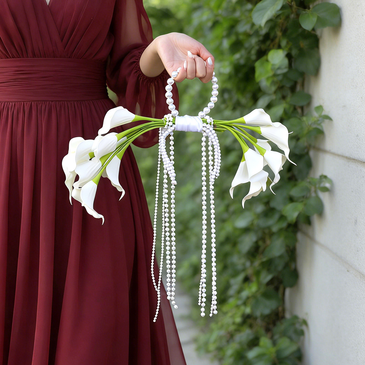 Wedding Ceremony Supply - Yannew Kunstmatige Calla Lily-boeket met peer-kralenkettinghandvat
